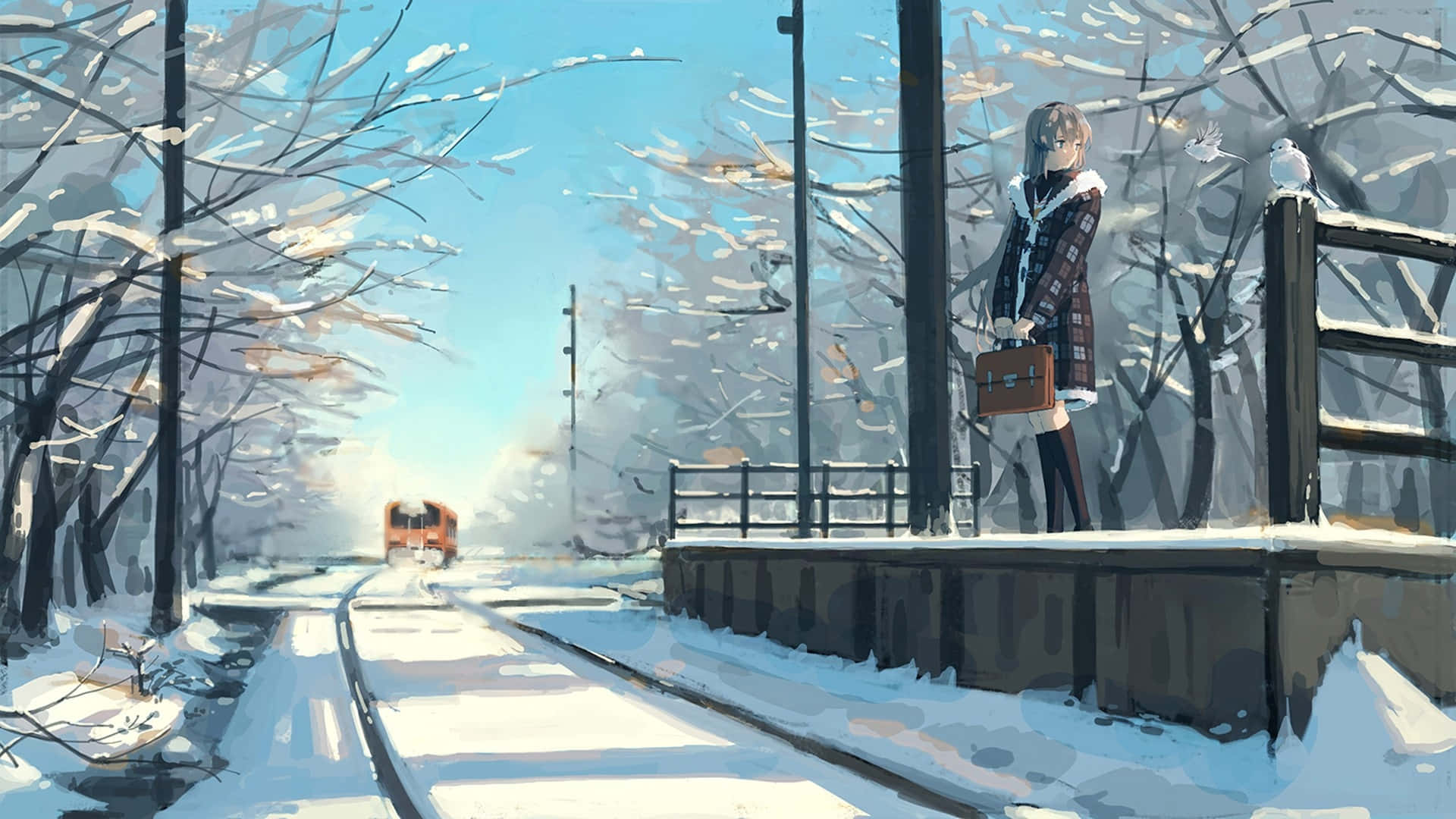 plaid coat, snowy train platform, red train, Full HD Desktop Wallpaper