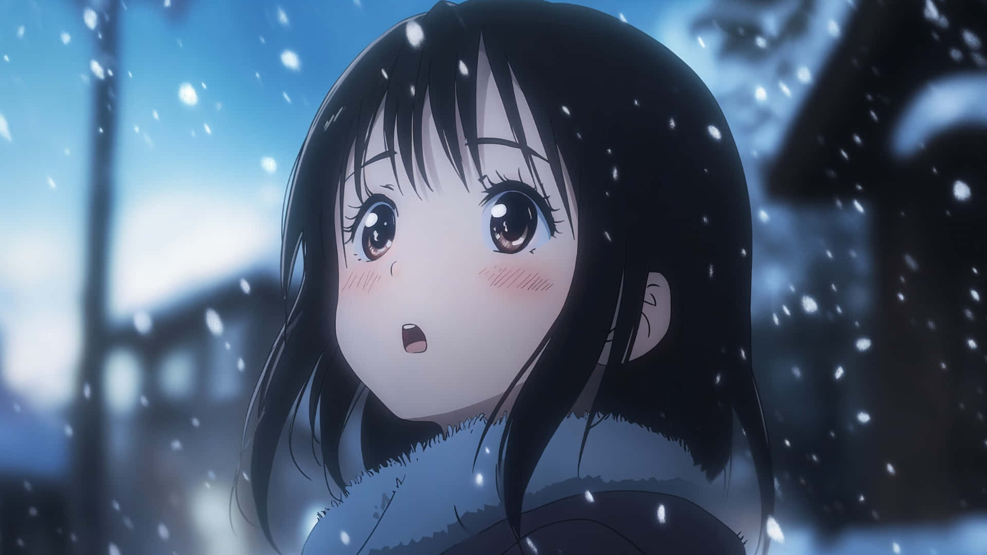 anime girl, dark hair, wide eyes, Full HD Desktop Wallpaper