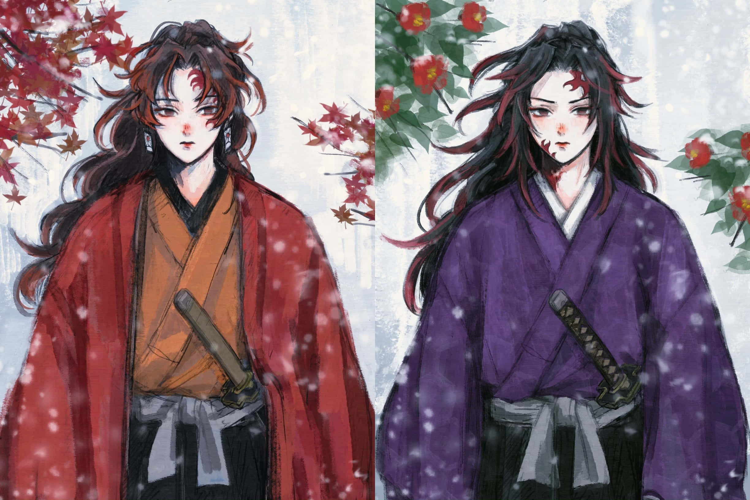 Seasonal Twins, anime-style samurai, snow, Full HD Desktop Wallpaper