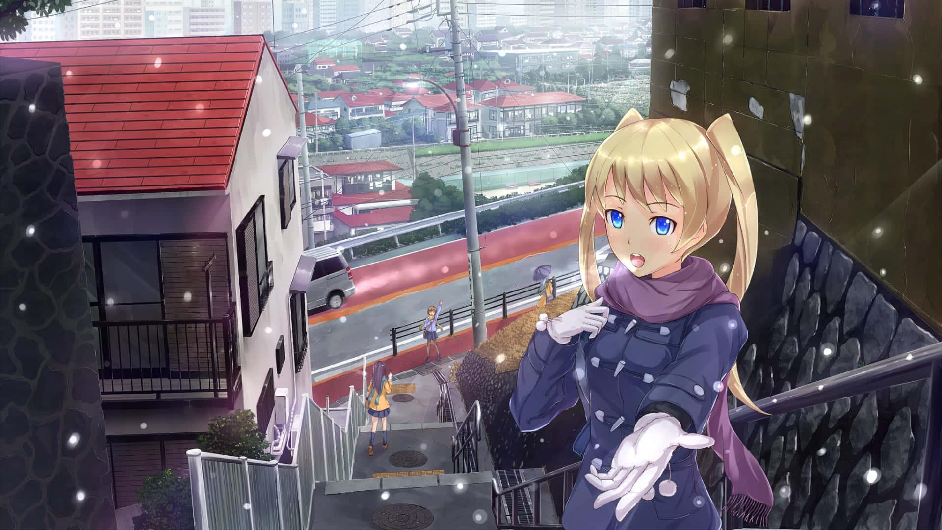 blonde anime girl, cat ears, snowy rooftop, Full HD Desktop Wallpaper