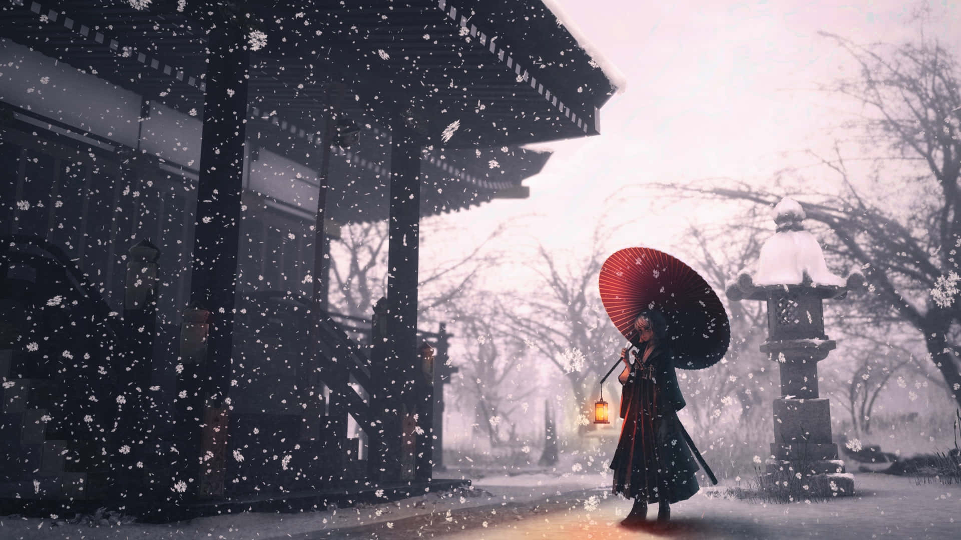 snowy Japanese temple courtyard, lone figure in dark robes, vibrant red umbrella, Full HD Desktop Wallpaper