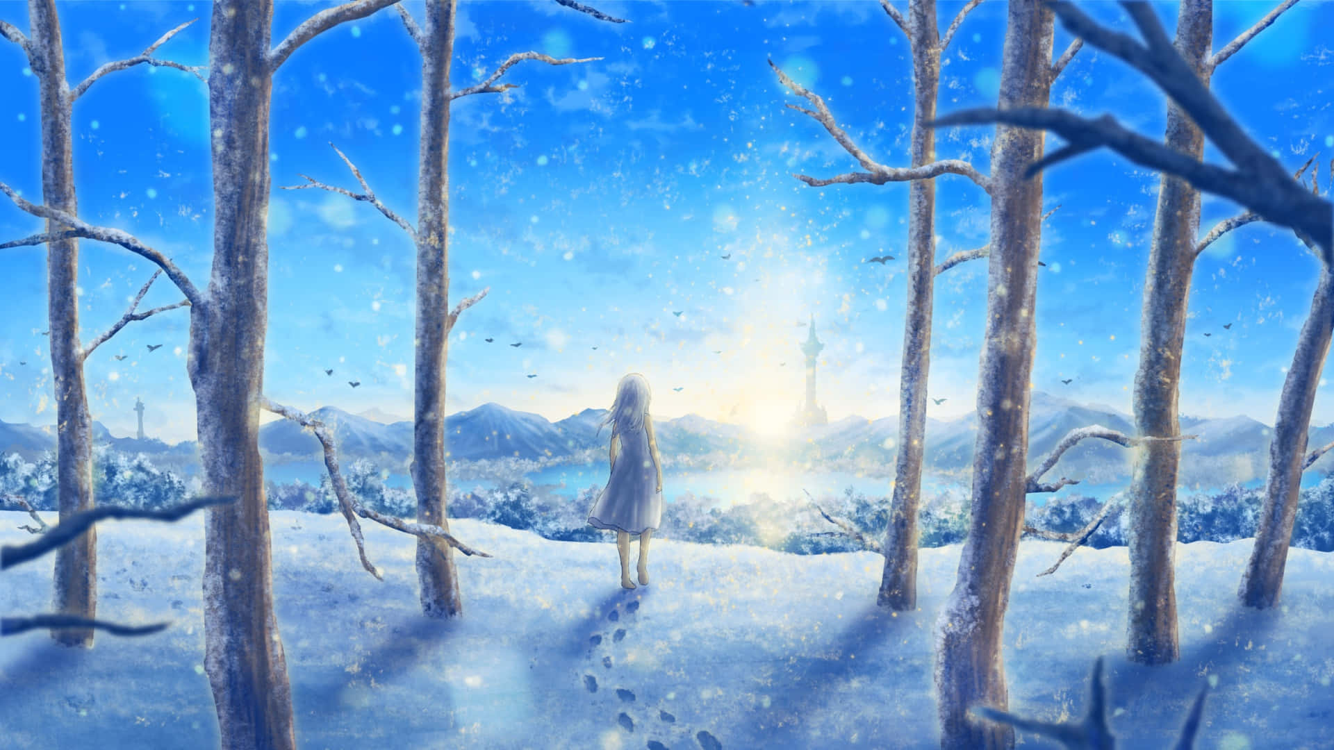 light dress, snowy forest, glowing tower, Full HD Desktop Wallpaper