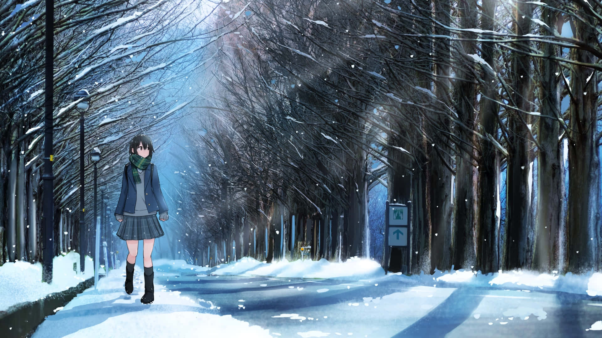 Anime Winter, blue coat, green scarf, Full HD Desktop Wallpaper