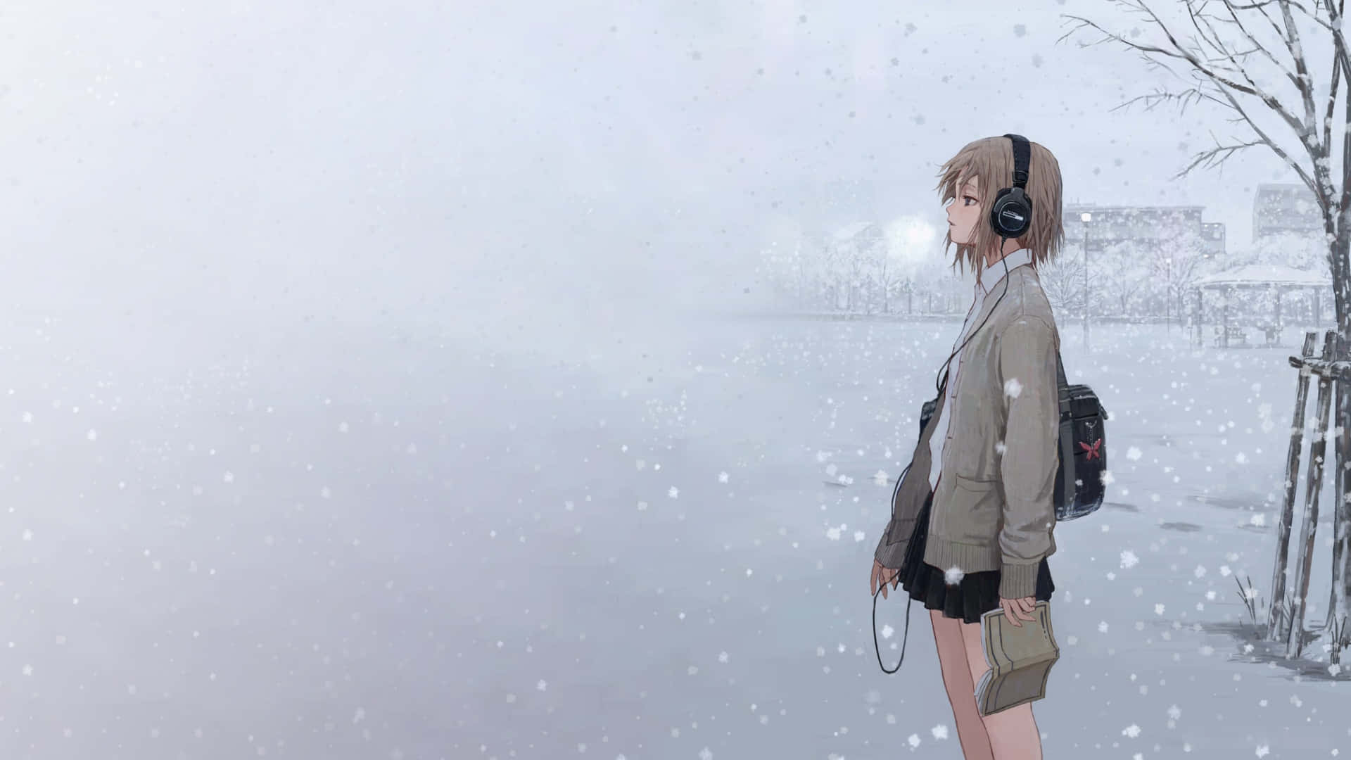 anime girl, snowy landscape, snowflakes, Full HD Desktop Wallpaper