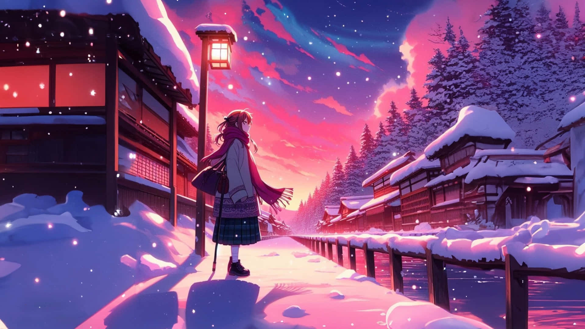Anime Winter, snow-covered Japanese village, vibrant pink and purple twilight sky, Full HD Desktop Wallpaper