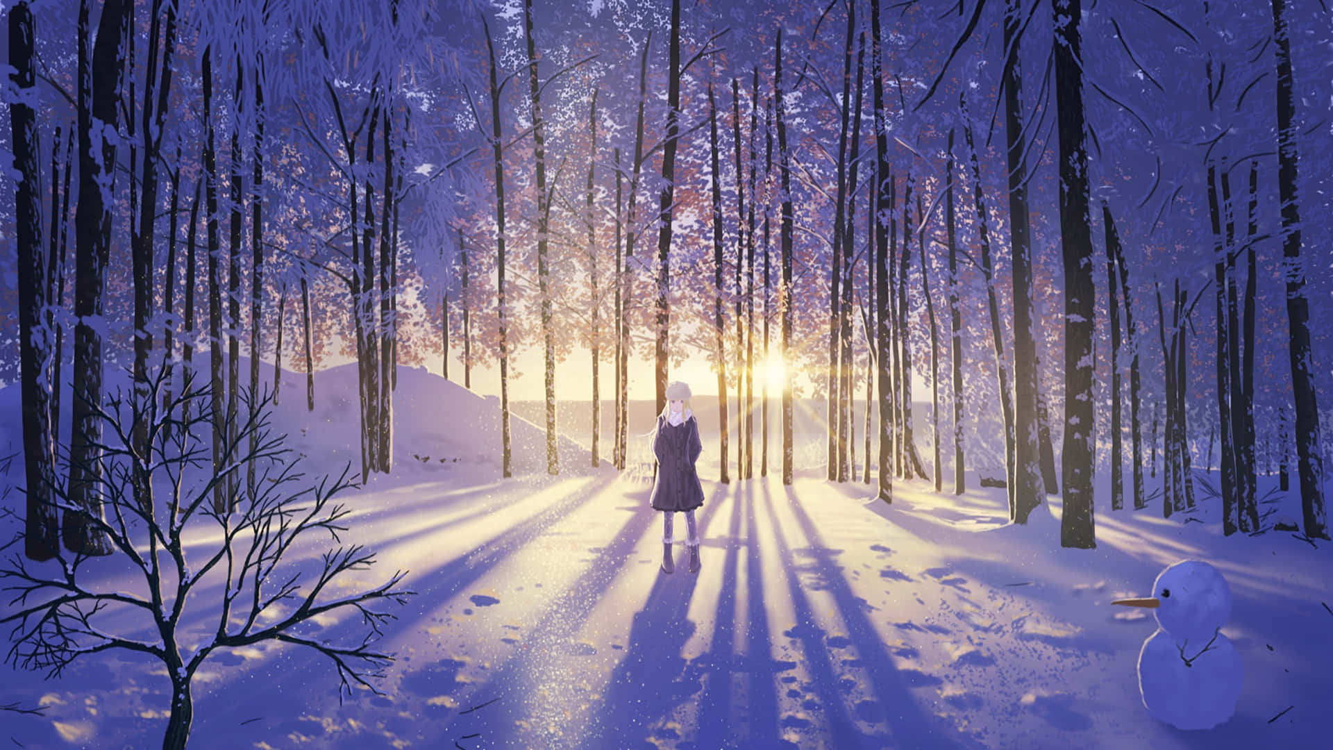 Winter Forest, anime scene, snow-covered forest, Full HD Desktop Wallpaper