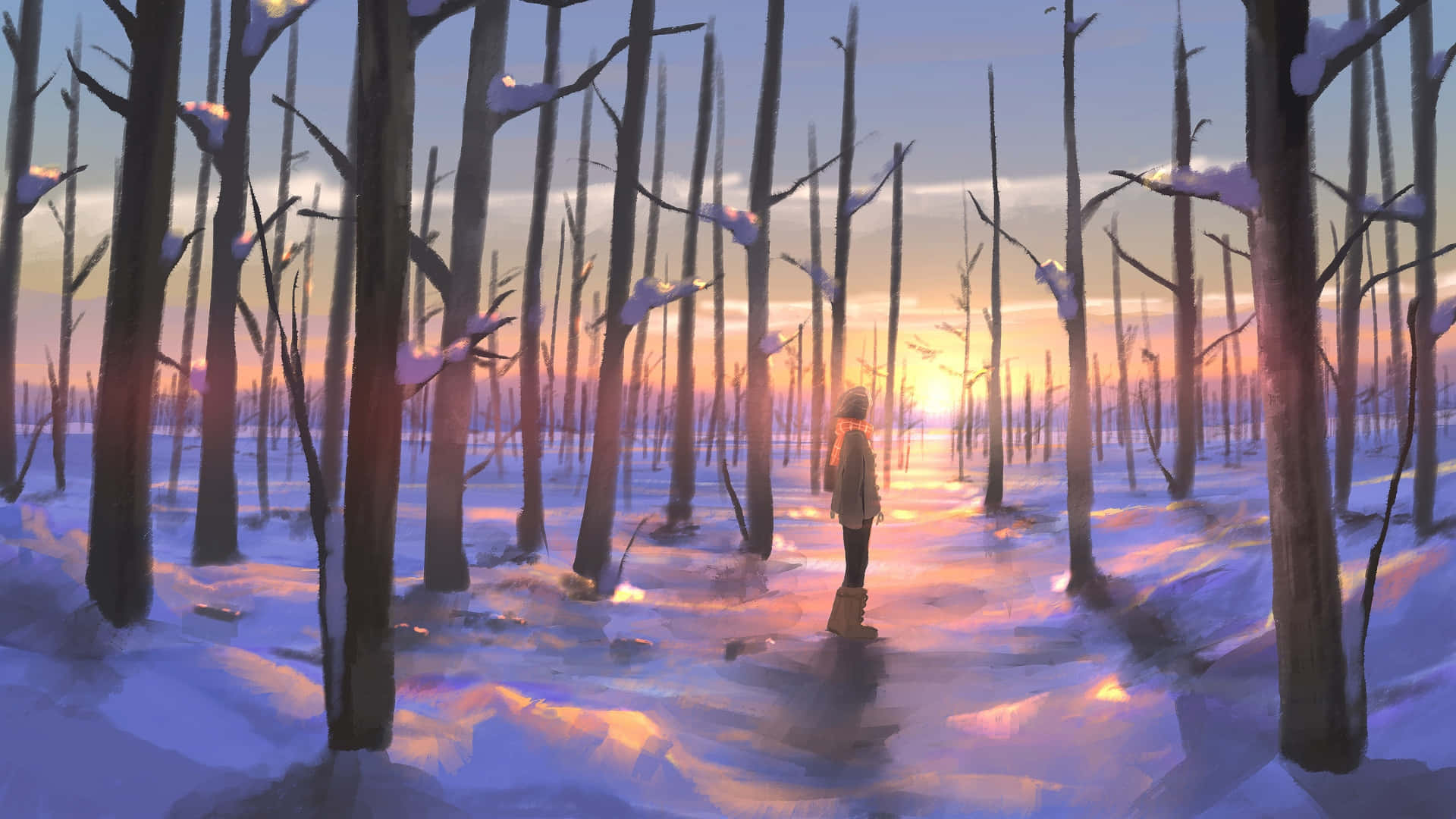 winter anime forest scene, snow-covered forest, sunset, Full HD Desktop Wallpaper