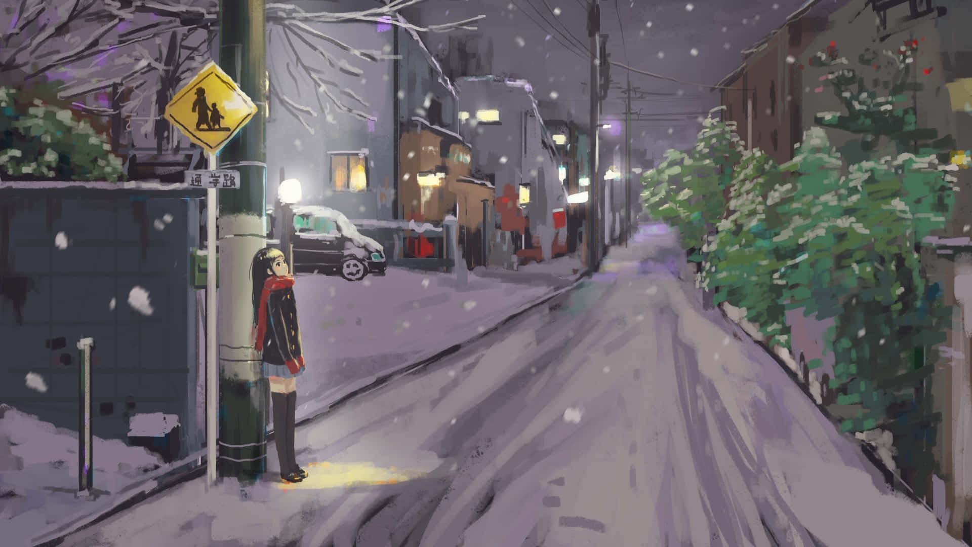 winter night, anime girl, red scarf, Full HD Desktop Wallpaper