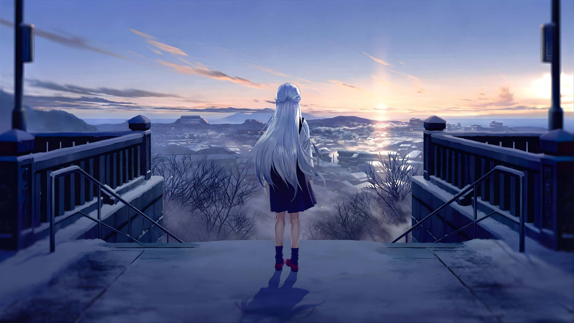 Anime Winter, sunset scene, snowy overlook, Full HD Desktop Wallpaper