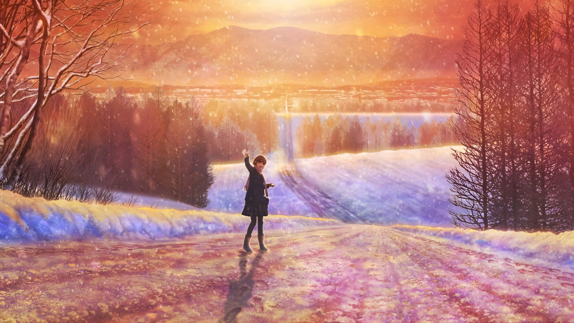Winter Sunset, snowy path, vibrant orange sunset, Full HD Desktop Wallpaper