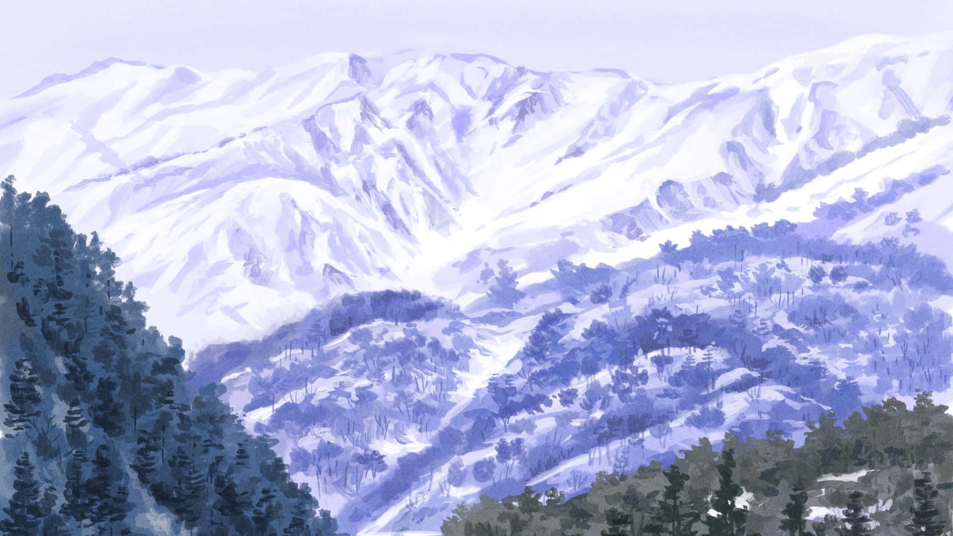 Winter Mountain, anime scene, watercolor landscape, Full HD Desktop Wallpaper