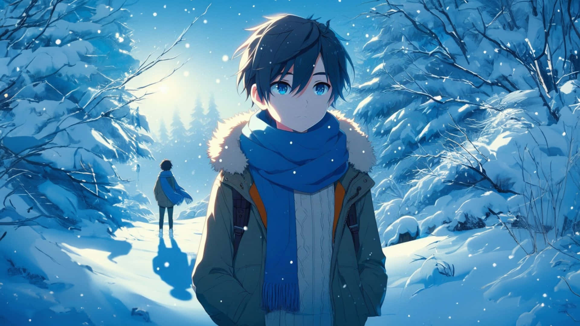 anime boy, blue eyes, blue scarf, Full HD Desktop Wallpaper