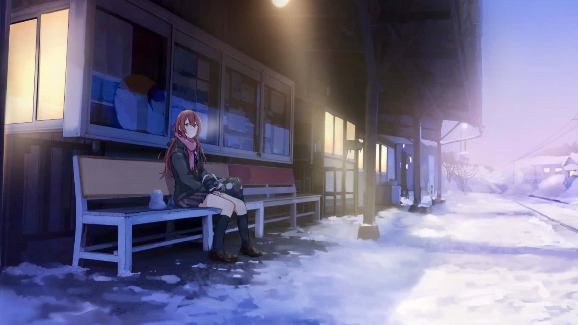 Anime Winter, red hair, snowy train station bench, Full HD Desktop Wallpaper
