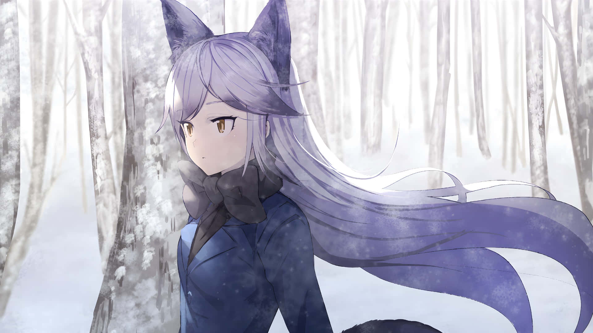 anime fox girl, purple-haired, fox-eared, Full HD Desktop Wallpaper