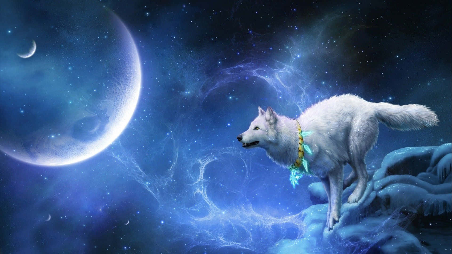 Anime Wolf Art, white wolf, icy terrain, Full HD Desktop Wallpaper