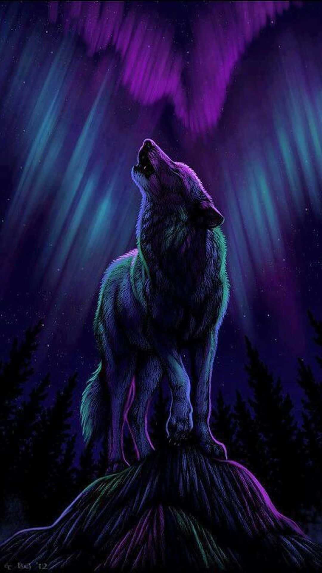anime wolf, vibrant purple and teal aurora borealis, snowy forest peak, Full HD Phone Wallpaper