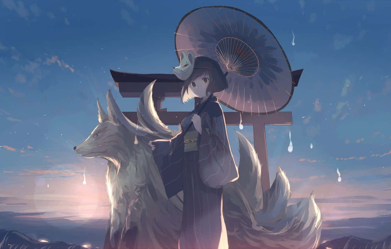 anime girl, nine-tailed fox, torii gate, HD Desktop Wallpaper
