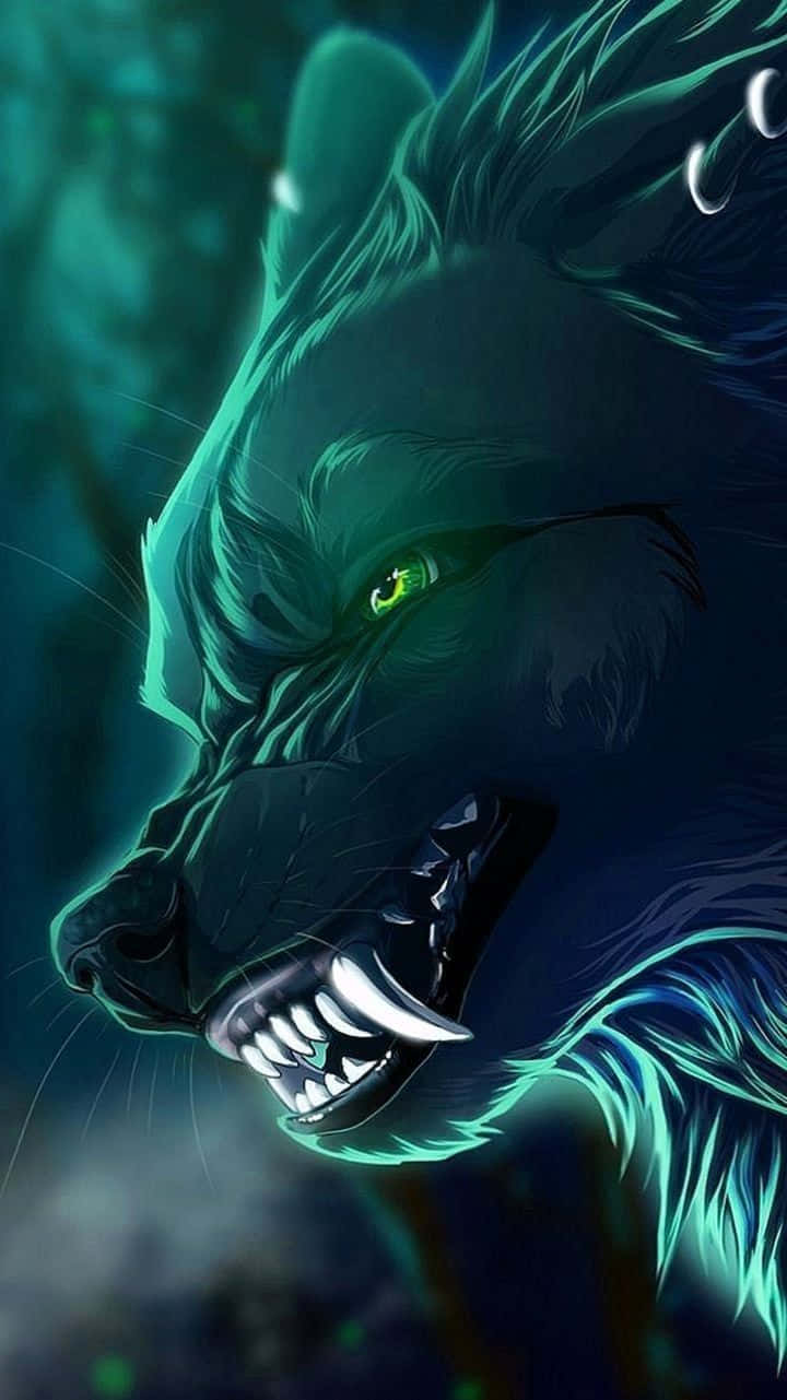 anime wolf art, green eyes, green mouth, HD Phone Wallpaper