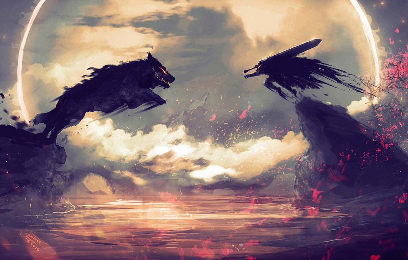 Anime Wolf Art, monstrous wolves, cliffs, HD Desktop Wallpaper