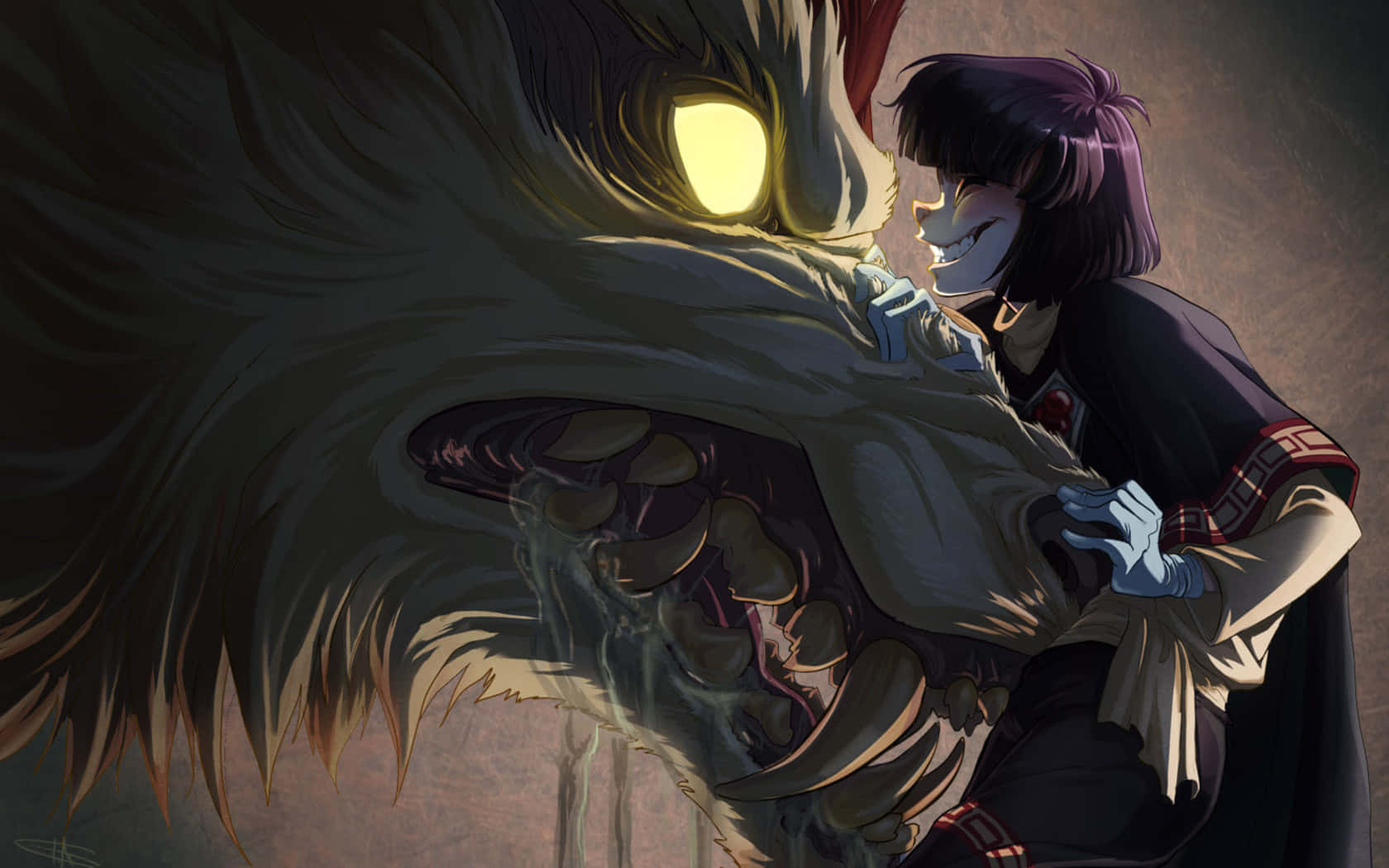 anime wolf art, dark-haired anime girl, cloak, HD Desktop Wallpaper