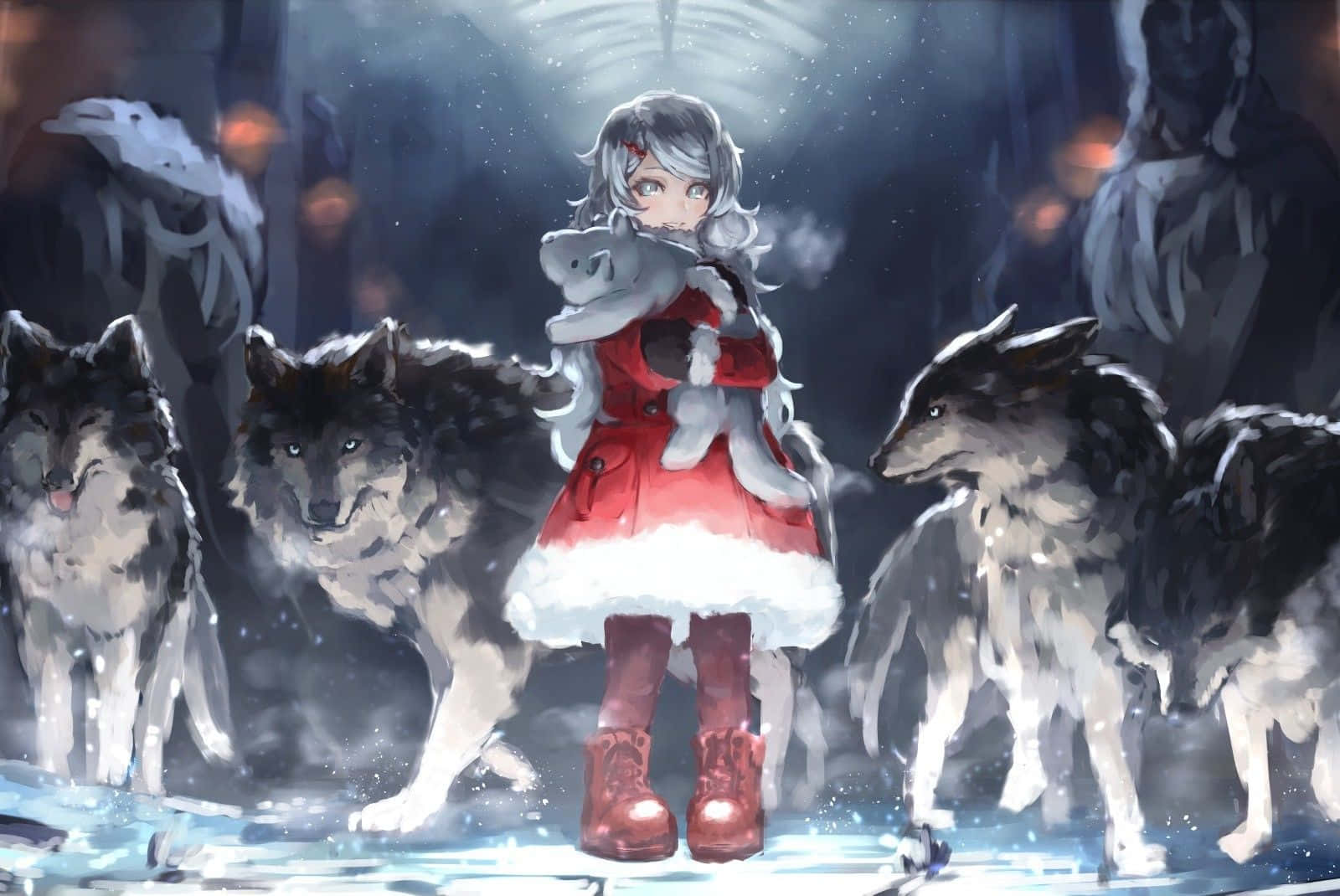 silver-haired girl, red winter coat, stuffed wolf, HD Desktop Wallpaper