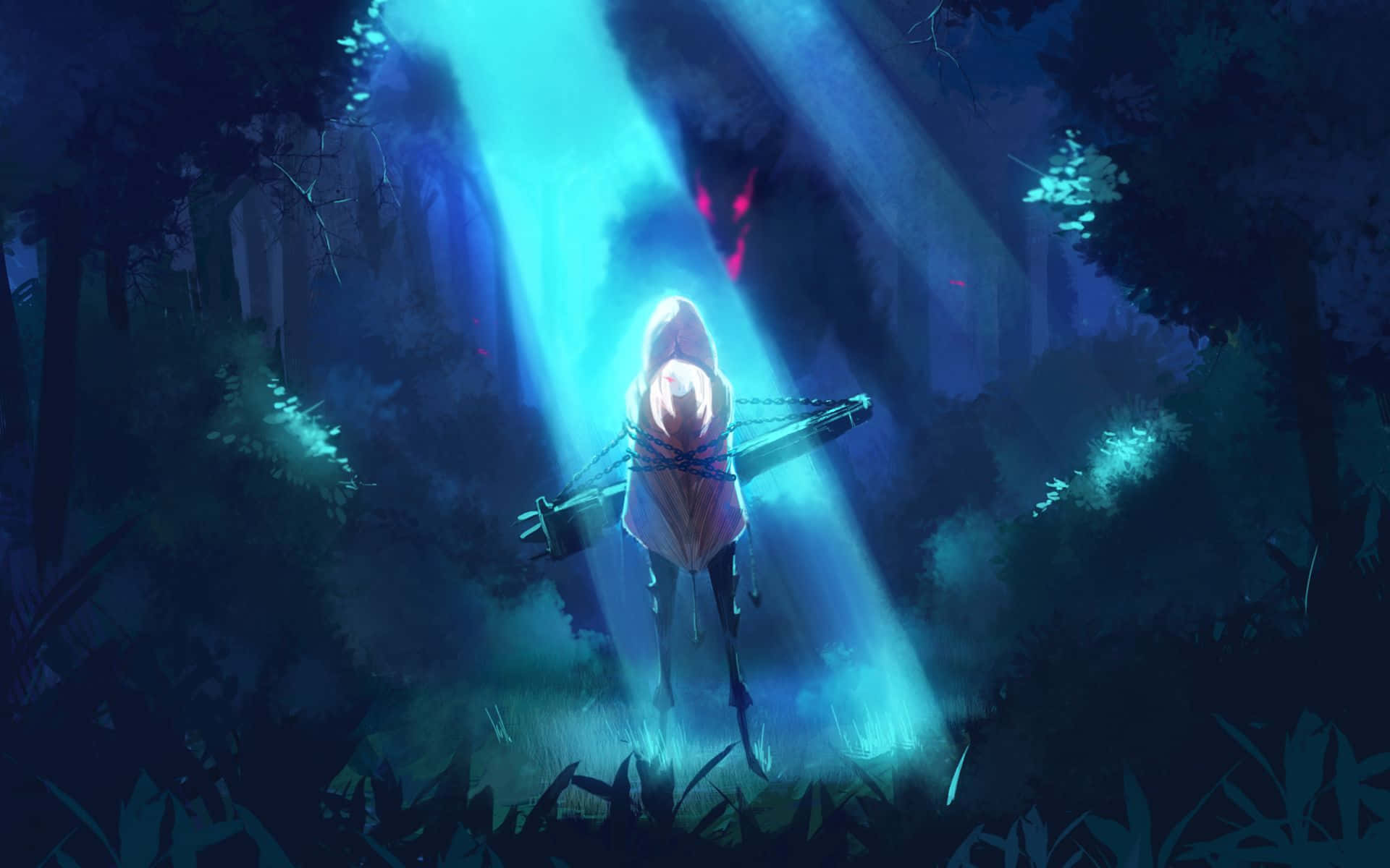 Anime Wolf Art, hooded figure, dark forest, Full HD Desktop Wallpaper