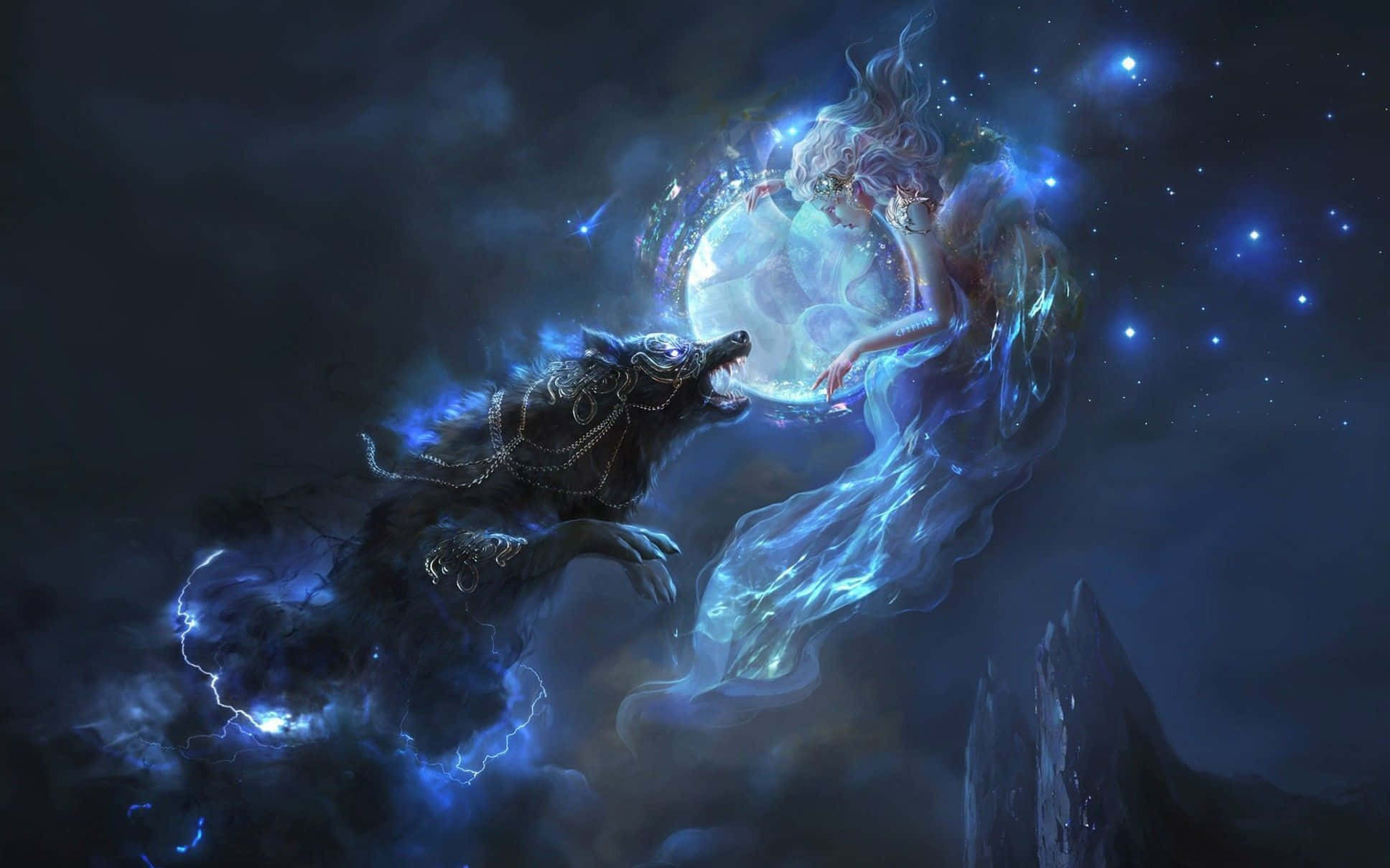 mystical blue-haired woman, howling wolf, glowing moon, Full HD Desktop Wallpaper