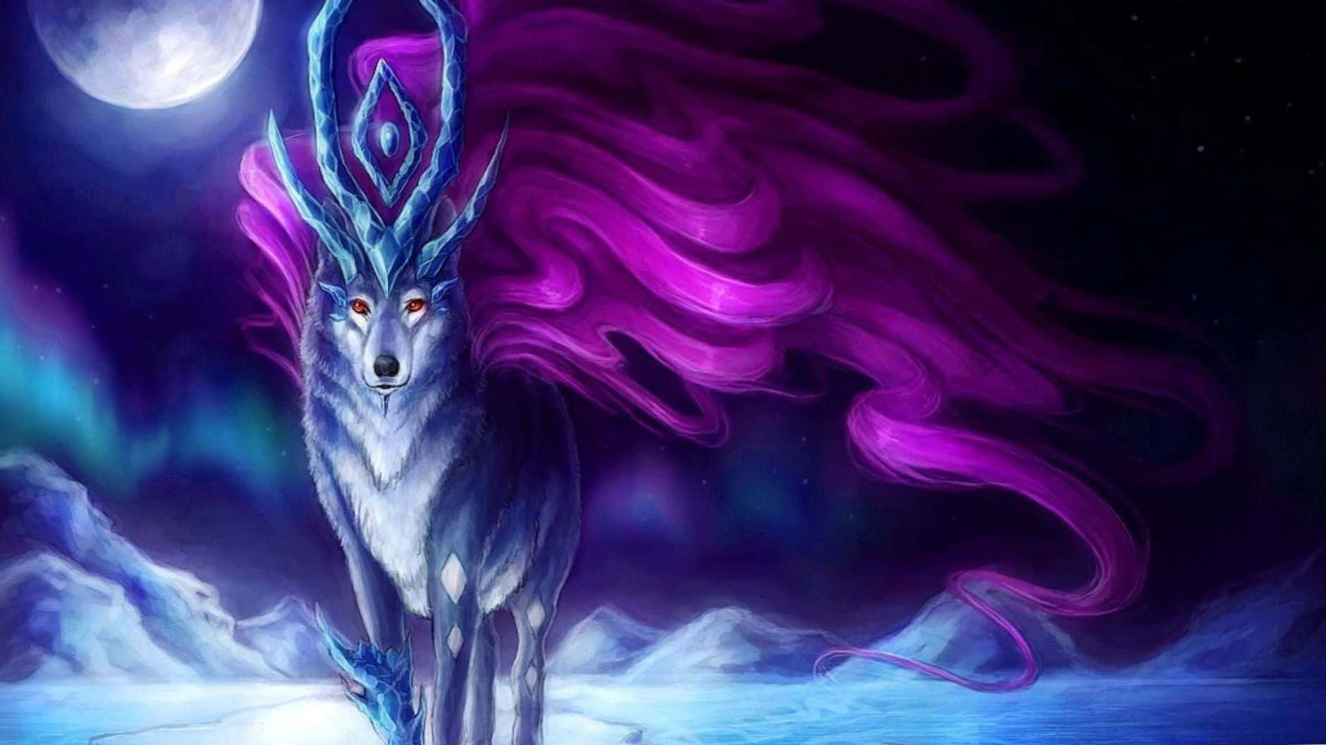 anime wolf art, vibrant red backdrop, glowing red eyes, HD Desktop Wallpaper
