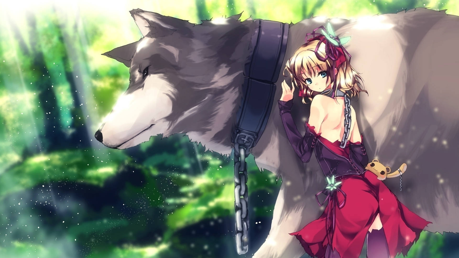 wolf girl anime, red dress, large wolf, Full HD Desktop Wallpaper