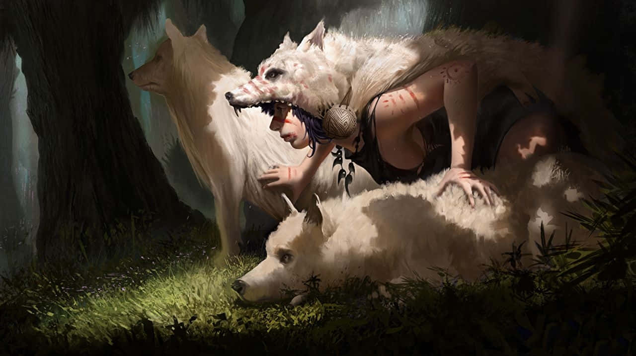 anime wolf art, woman with wolf features, three white wolves, HD Desktop Wallpaper