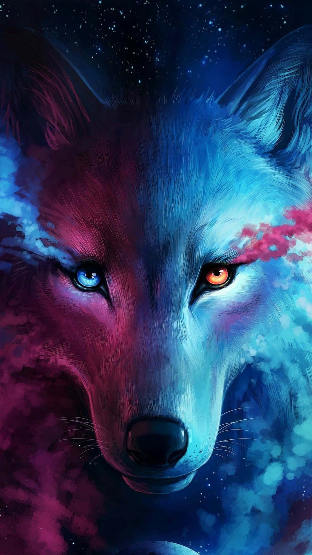 cosmic wolf, blue eye, orange eye, Full HD Phone Wallpaper