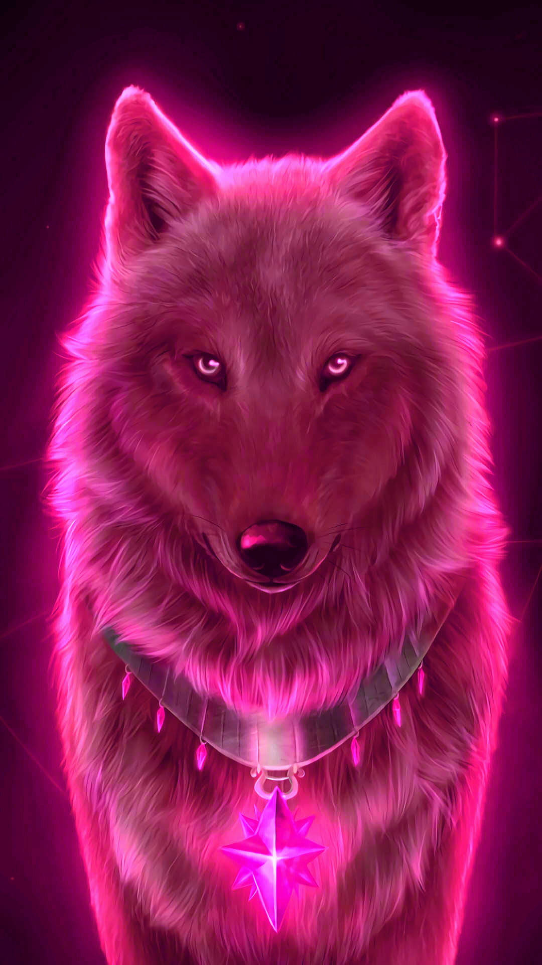Anime wolf, neon pink, star pendant collar, Full HD Phone Wallpaper