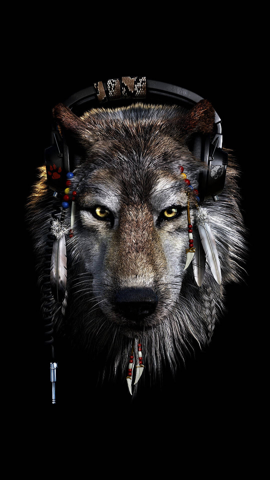 anime wolf, headphones, glowing yellow eyes, Full HD Phone Wallpaper