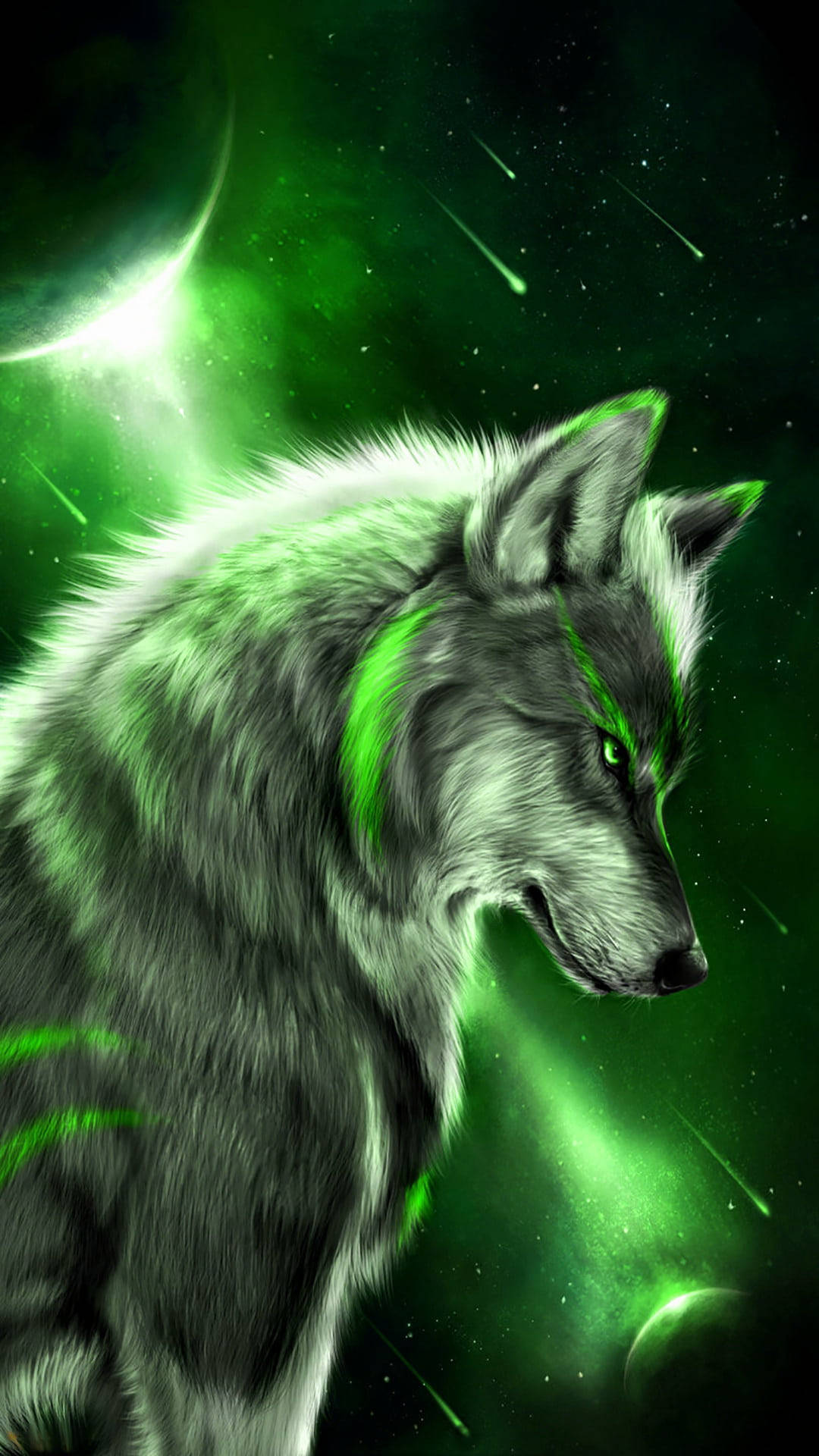 Anime Wolf, neon green, cosmic backdrop, Full HD Phone Wallpaper