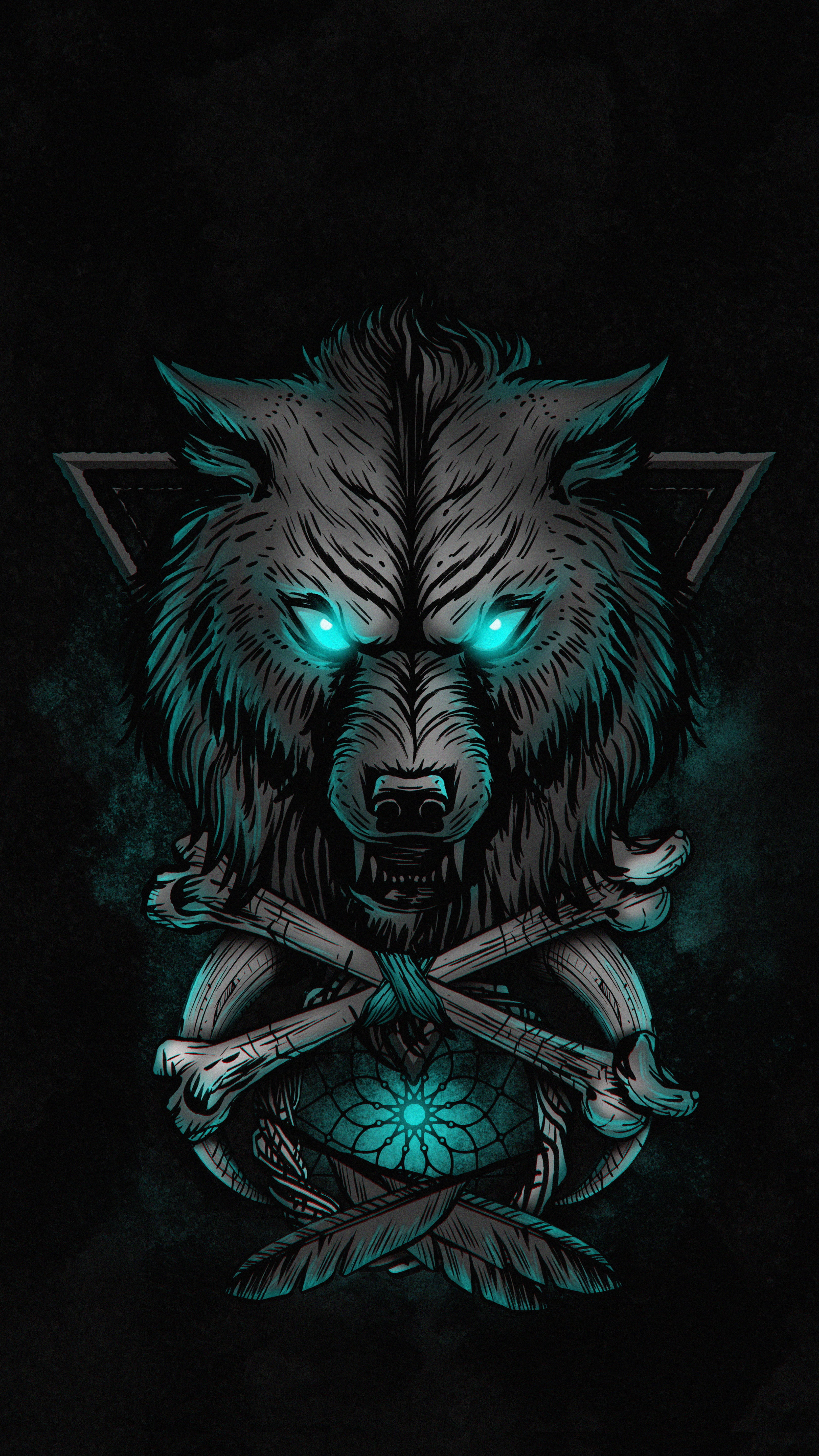 Anime wolf, neon blue eyes, crossed bones, 5K Phone Wallpaper