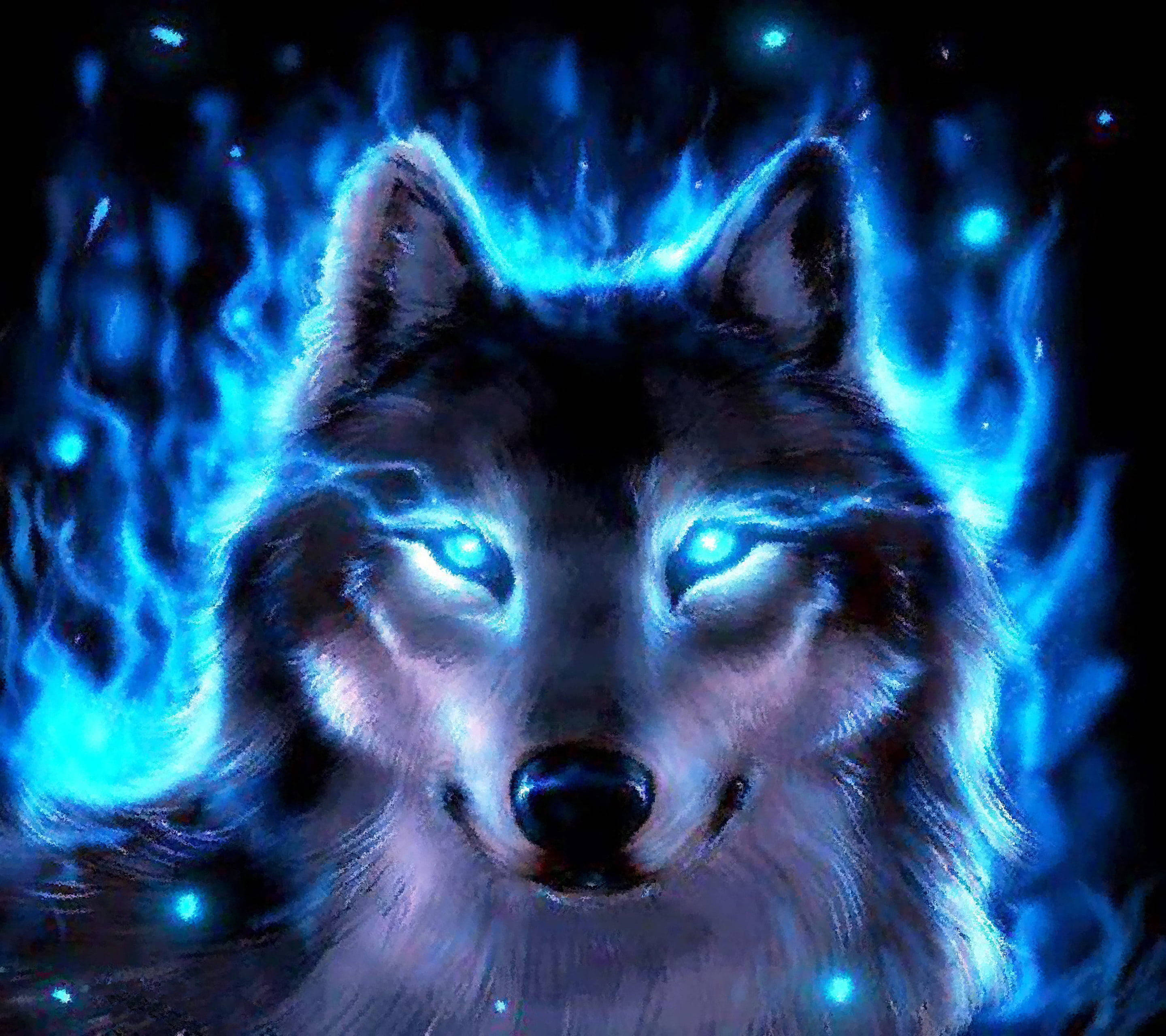 Anime Wolf, blue aura, glowing blue eyes, 2K Desktop Wallpaper