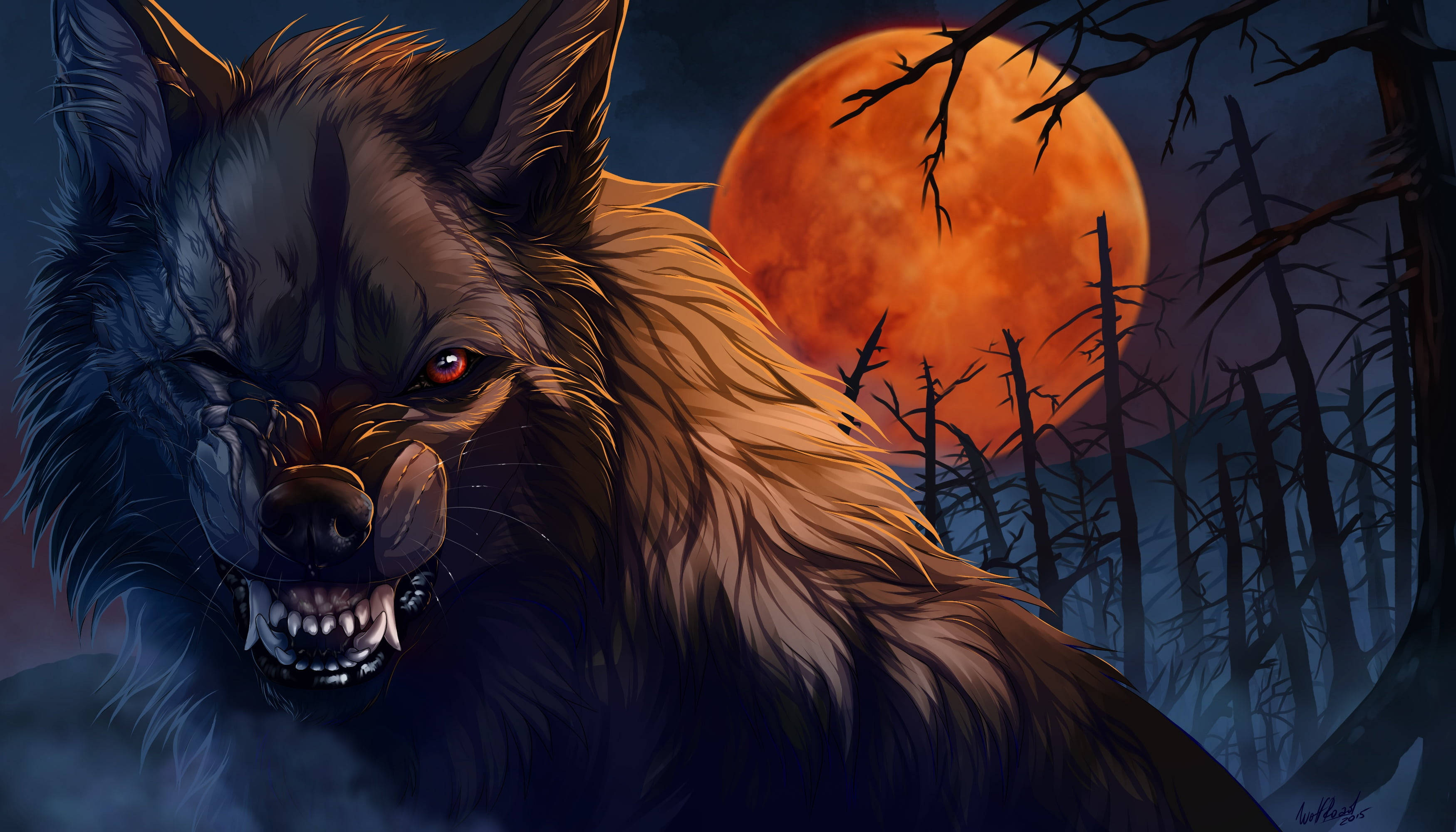 Anime Wolf, one eye, red moon, 2K Desktop Wallpaper