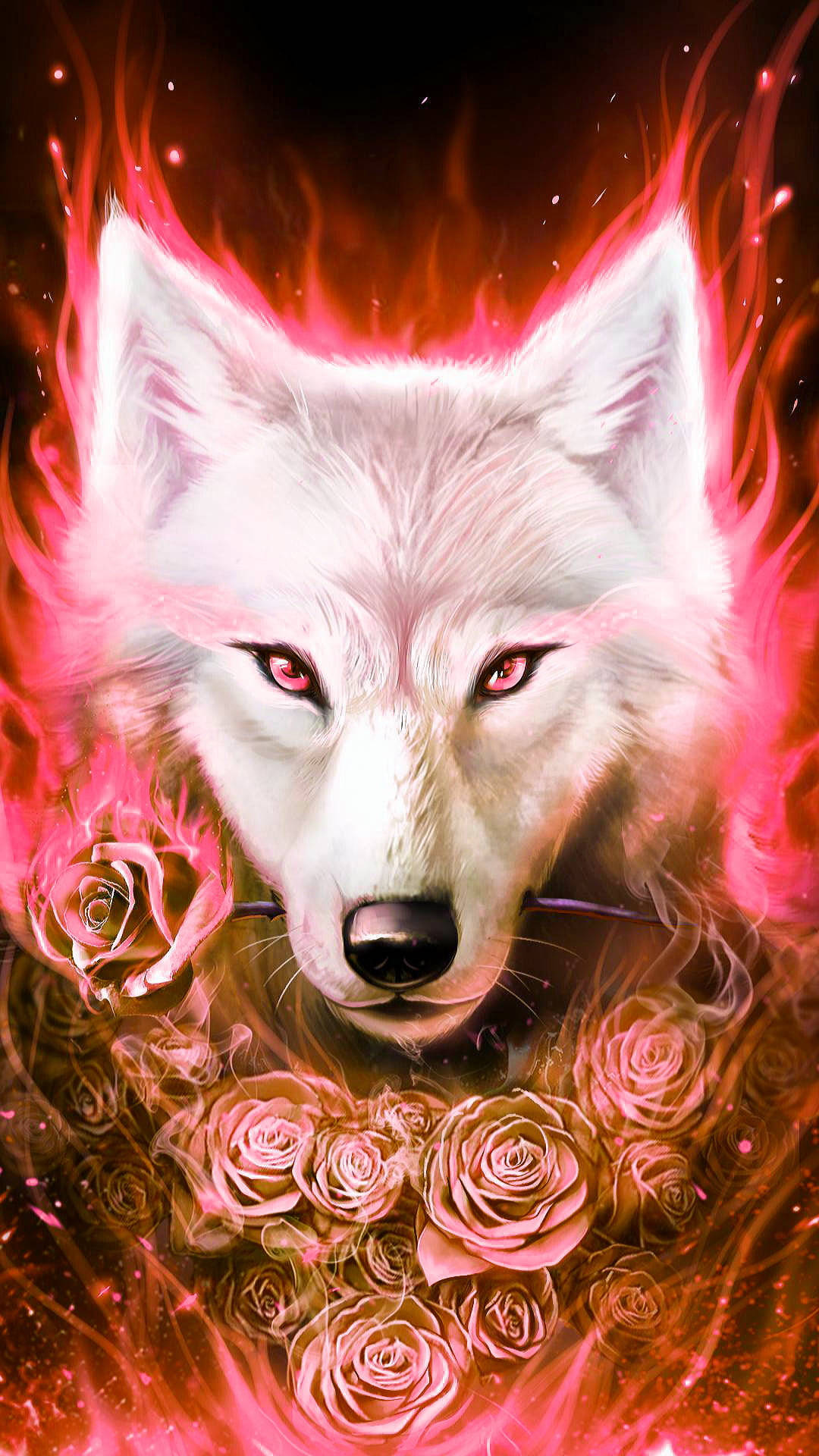Anime wolf, neon pink aura, roses, Full HD Phone Wallpaper