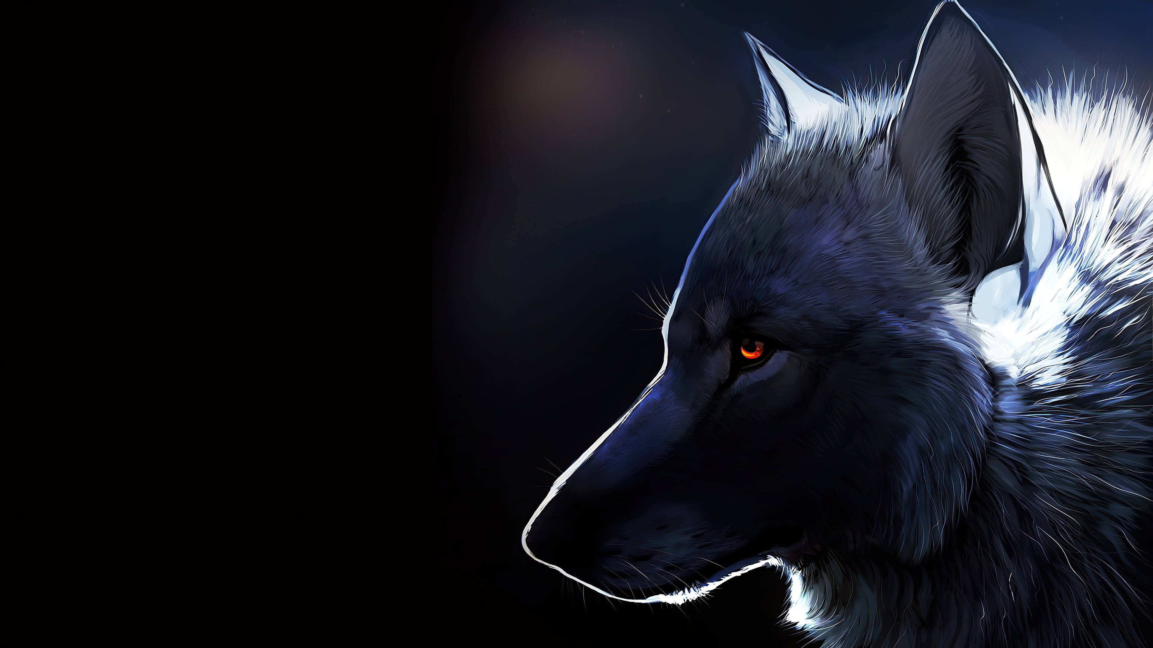 anime wolf, side profile, glowing orange eyes, 4K Desktop Wallpaper