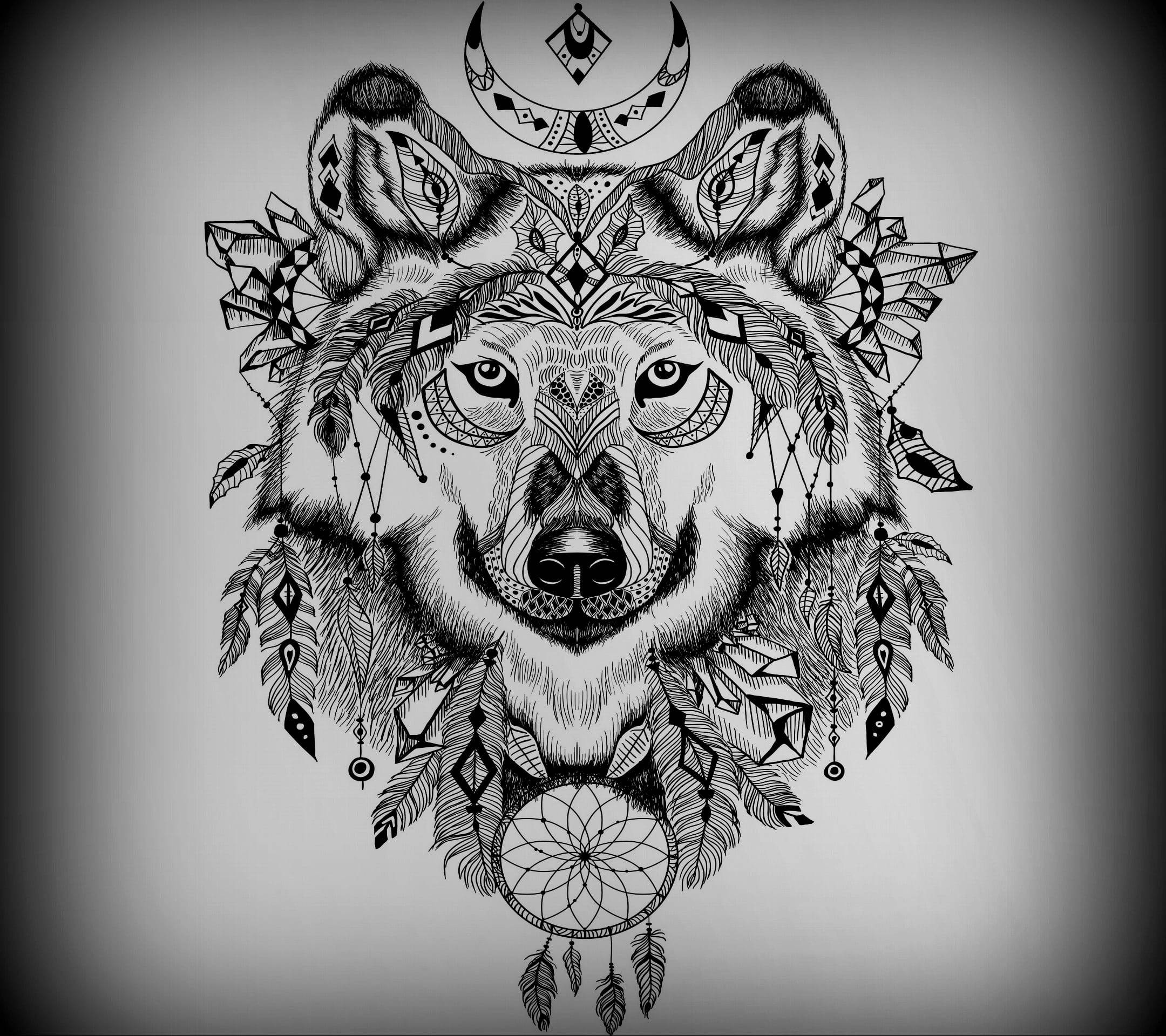 Anime wolf, black and white, tribal drawing, Full HD Desktop Wallpaper