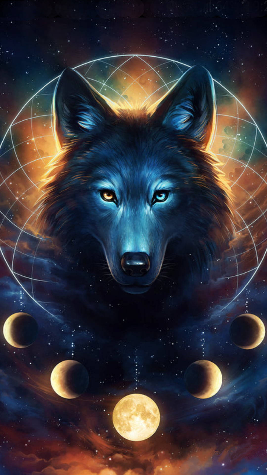 anime wolf, moon phases, blue wolf, Full HD Phone Wallpaper