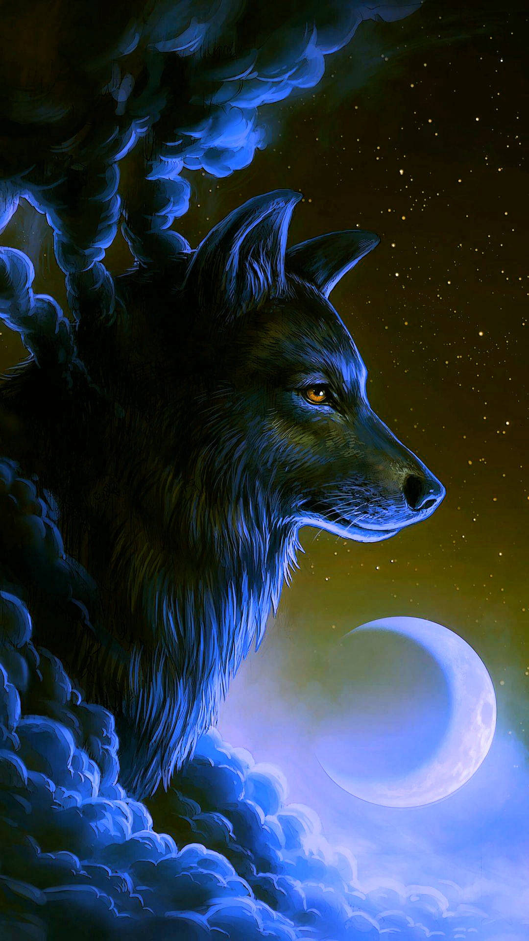 anime wolf, glowing amber eyes, swirling blue clouds, Full HD Phone Wallpaper