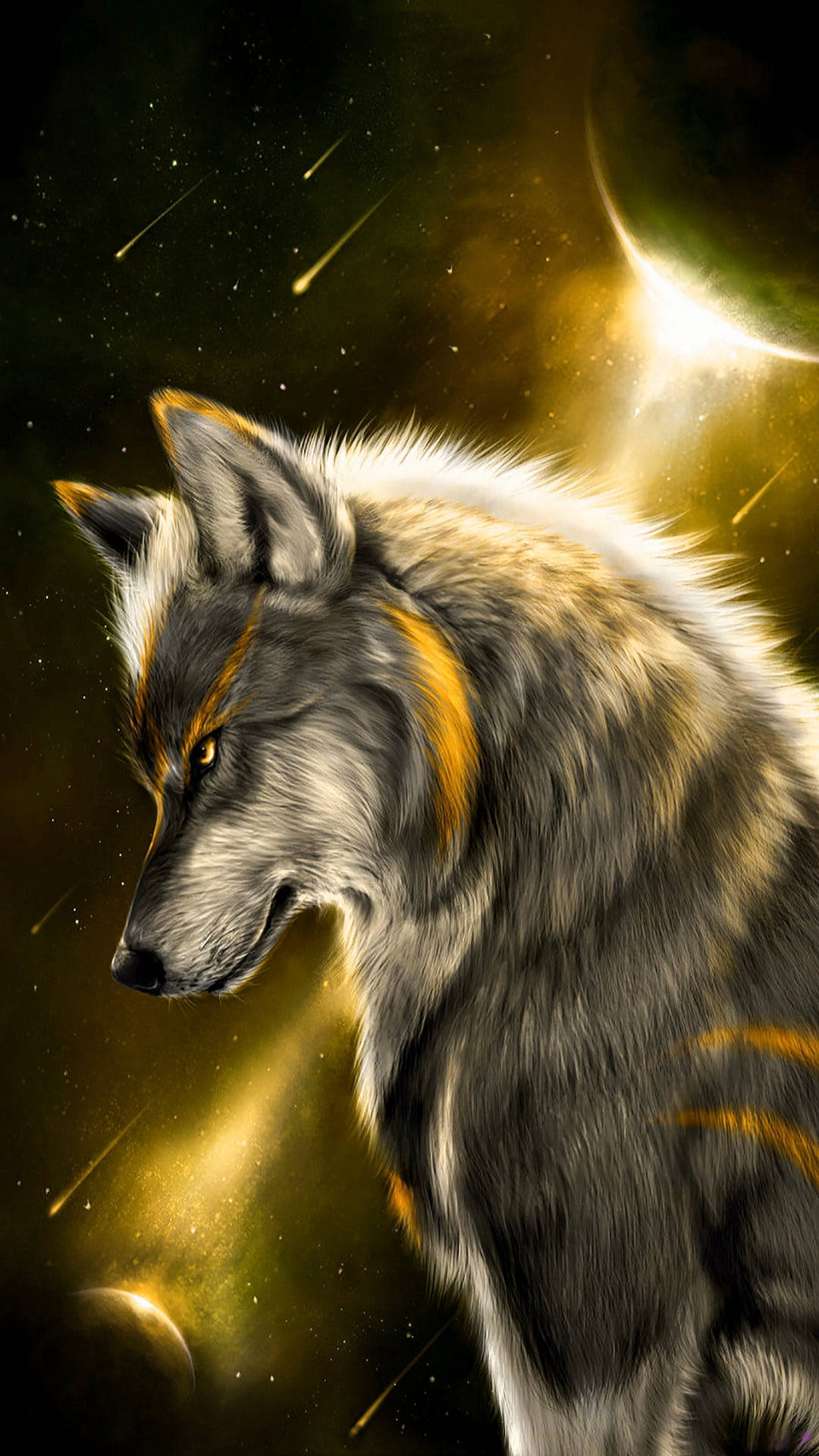 Anime wolf, yellow aesthetic, galaxy, Full HD Phone Wallpaper