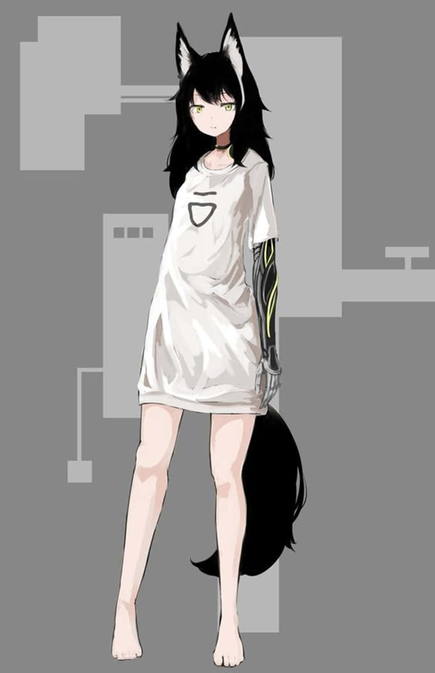 anime wolf girl, black wolf ears, tail, HD Phone Wallpaper