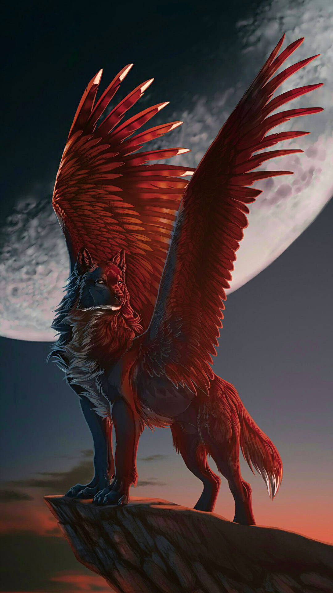 anime wolf, wings, moon, Full HD Phone Wallpaper