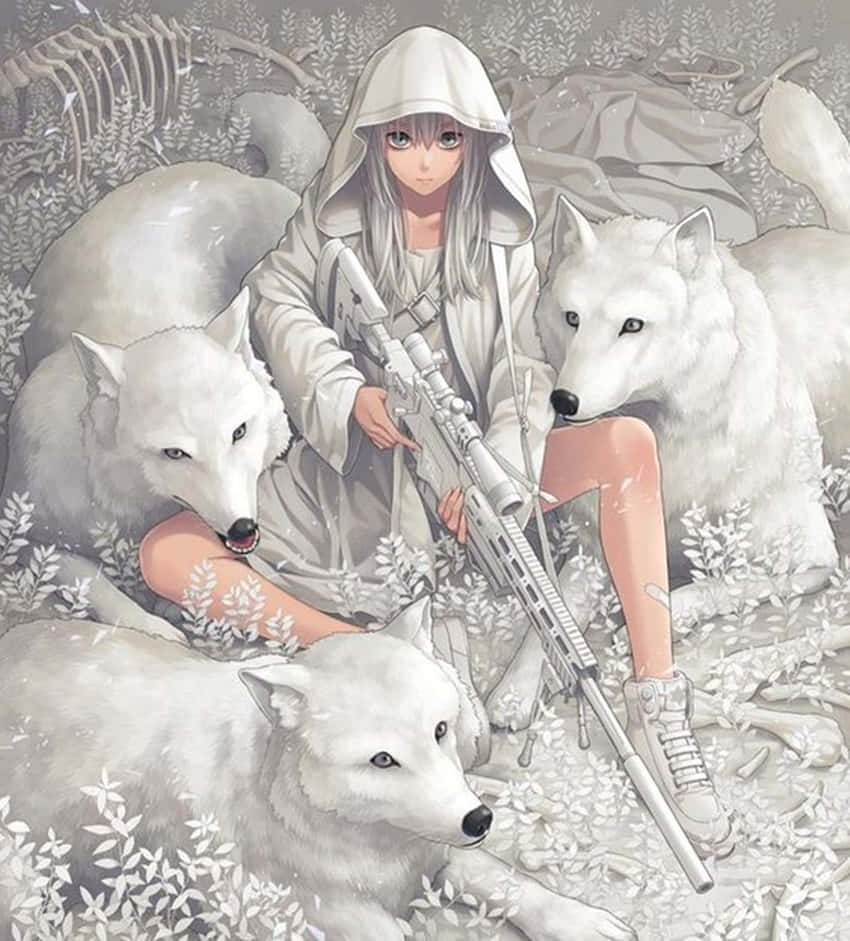 cute anime wolf girl, anime girl, white wolves, SD Phone Wallpaper