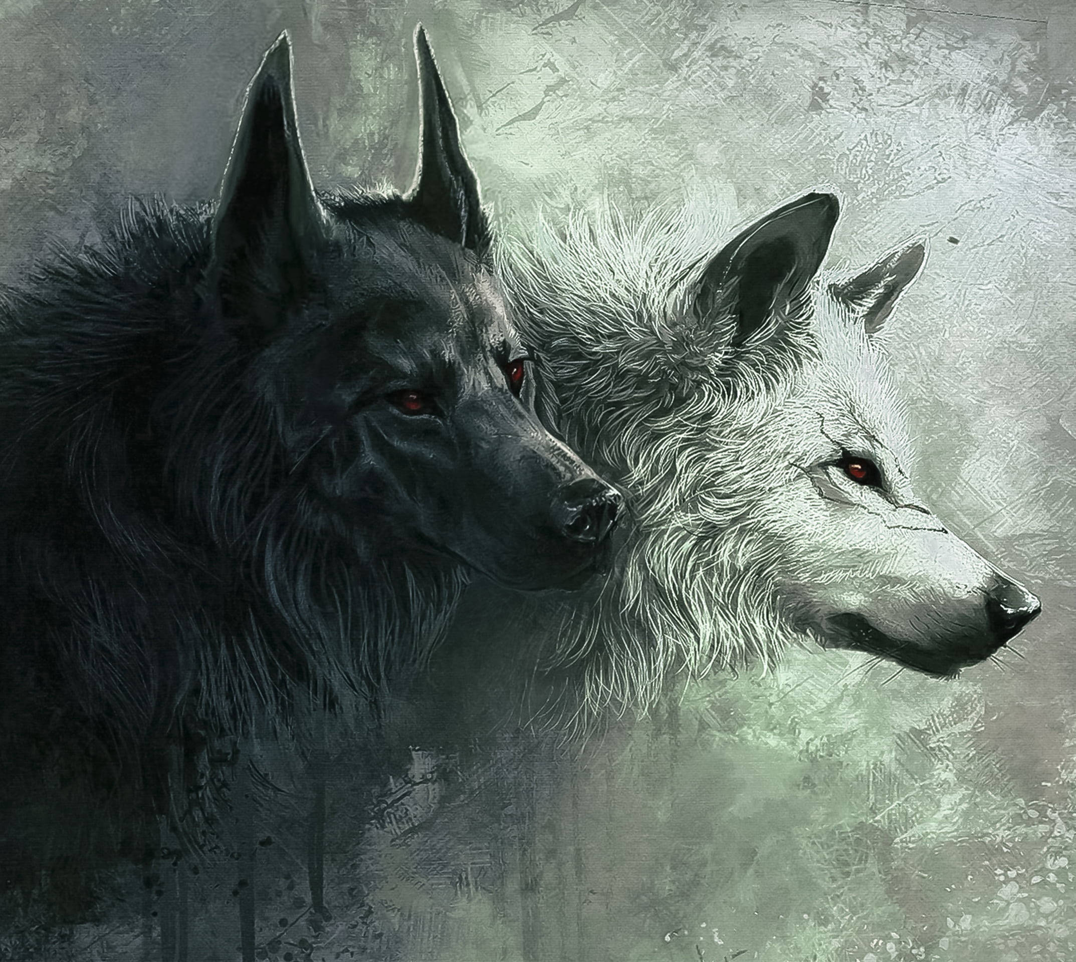 Anime wolf, black and white painting, glowing red eyes, Full HD Desktop Wallpaper