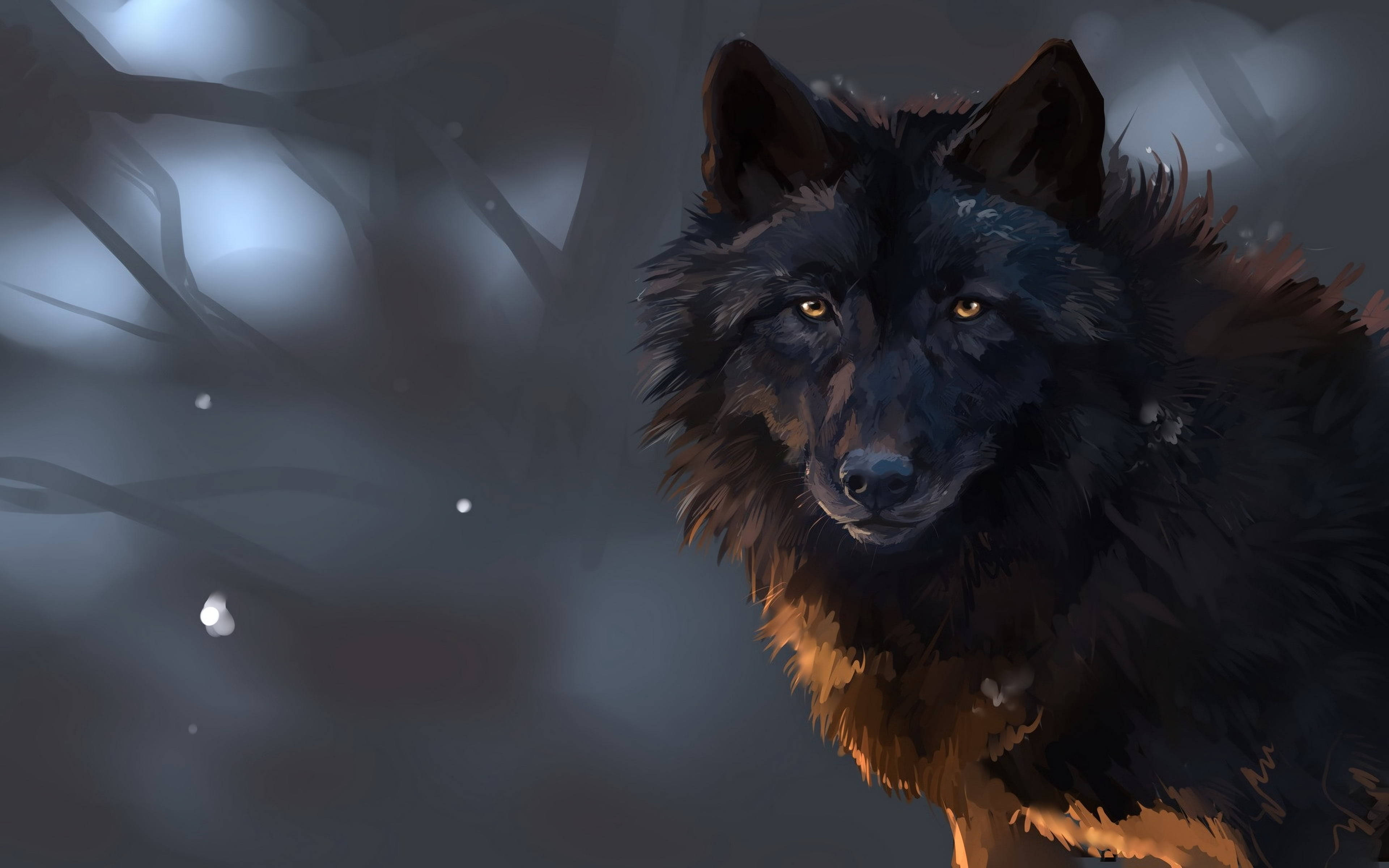 Anime wolf, black, glowing amber eyes, 4K Desktop Wallpaper