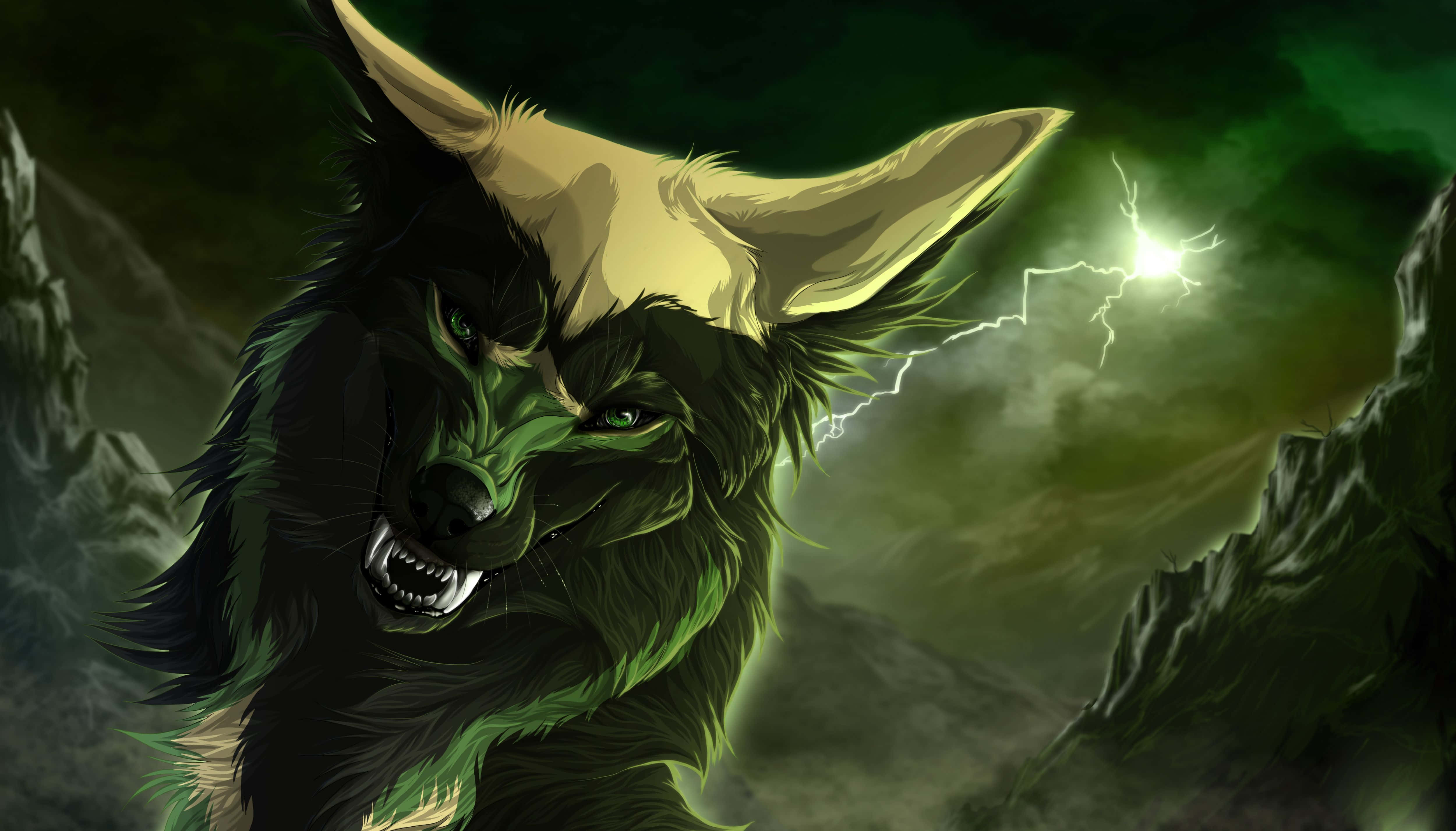 Anime wolf, green-tinged wolf, stormy sky, 4K Desktop Wallpaper