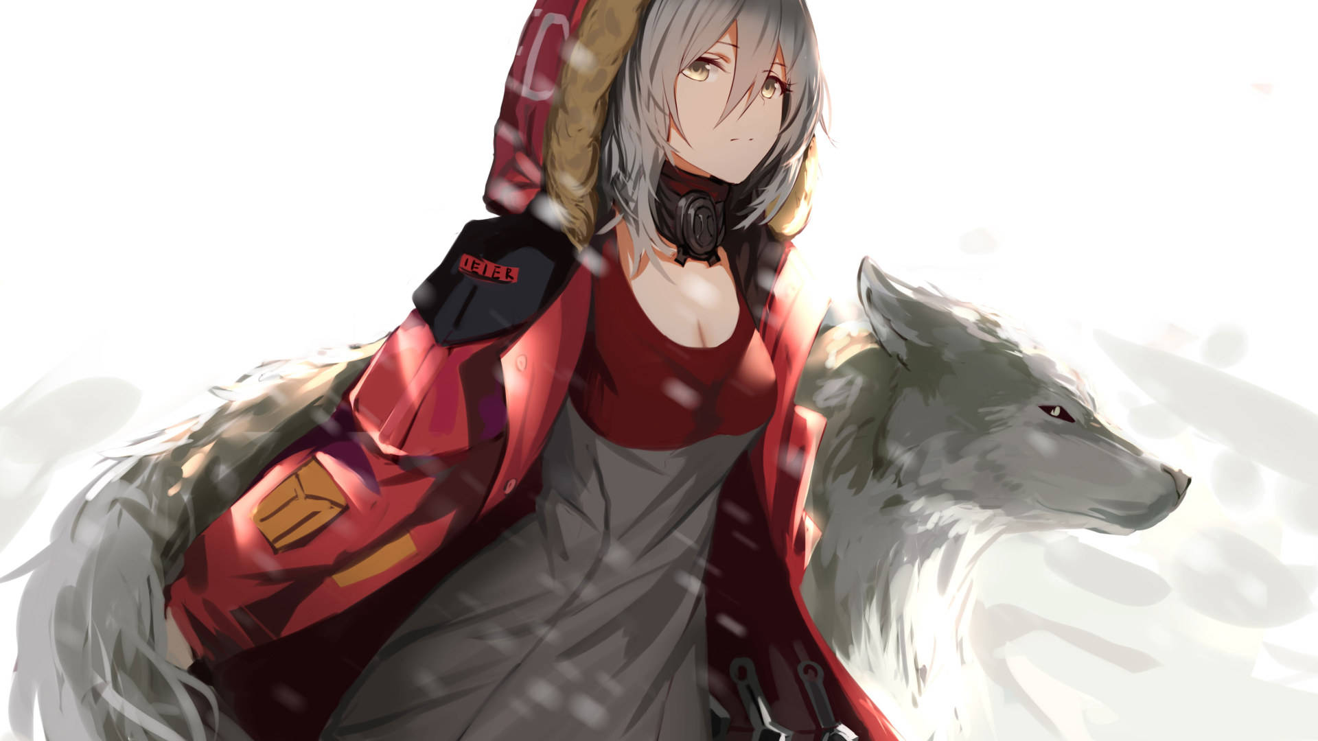 anime wolf girl, red jacket, silver-haired, Full HD Desktop Wallpaper